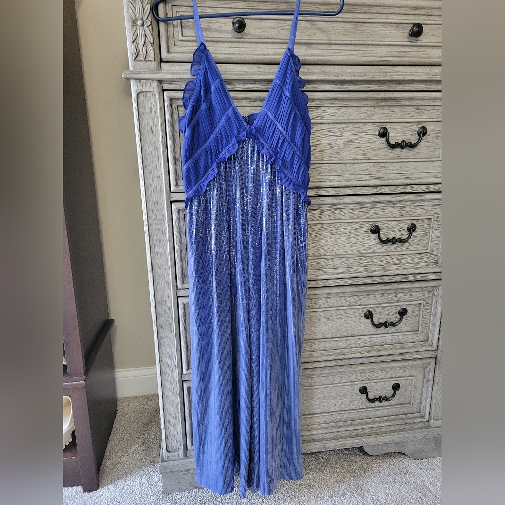 Maeve By Anthropology Blue Fluid Shine Ruffle Jumpsuit. New With Tags - Picture 4 of 10